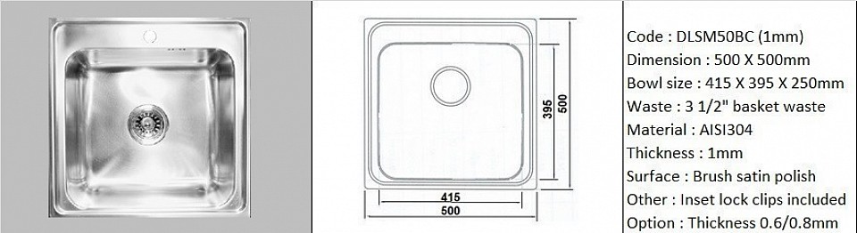 🇲🇾*STOCK AVAILABLE* 🇲🇾 DLSM50BC (SB) 1mm / Deep single bowl with faucet rest / Counter top application / Genuine AISI304 (18/8) stainless steel material quality / 1mm plate thickness / Bowl depth 250mm / 3 1/2
