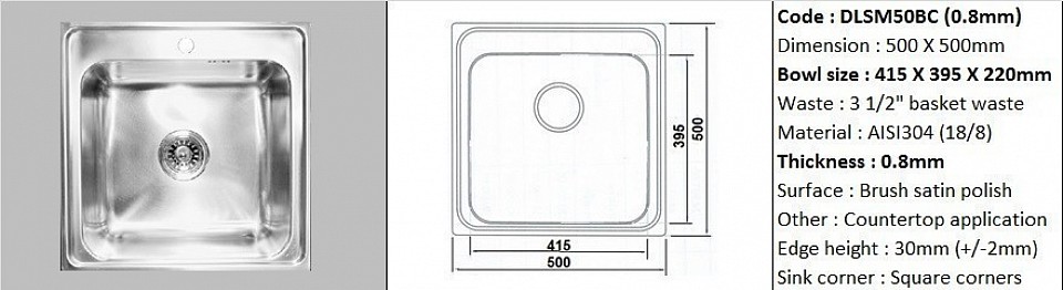 🇲🇾*STOCK AVAILABLE* 🇲🇾 DLSM50BC (SB) 0.8mm / Deep single bowl with faucet rest / Counter top application / Genuine AISI304 (18/8) stainless steel material quality / 0.8mm plate thickness / Bowl depth 220mm / 3 1/2