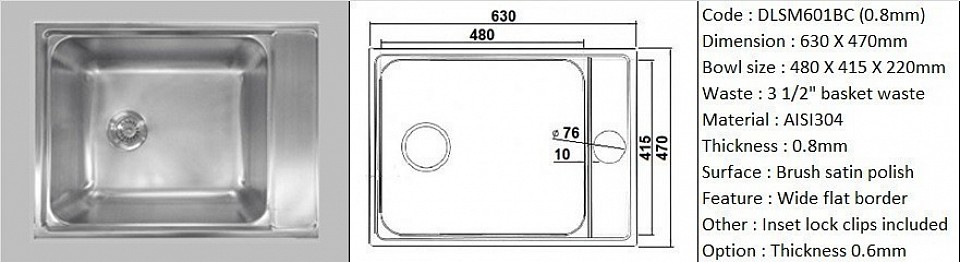 🇲🇾*STOCK AVAILABLE* 🇲🇾 DLSM601BC(SB) 0.8mm / Designer's special feature wide flat border space for sink accessories installation / Counter top application / Genuine AISI304 (18/8) stainless steel material quality / 0.8mm plate thickness / Bowl depth 220mm / 3 1/2