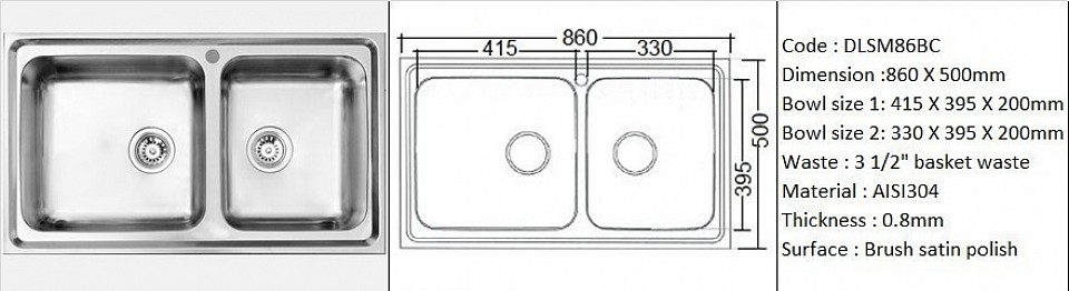 🇲🇾*STOCK AVAILABLE* 🇲🇾 DLSM86BC (DB) 0.8mm / Inset or Counter-top application / Genuine AISI304 (18/8) stainless steel material quality / 0.8 mm plate thickness / Twin bowl depth 200mm / 3 1/2