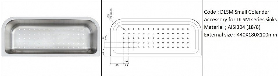 DLSM Small Colander / Accessory for sink model DLSM series sink models /Genuine AISI304 (18/8) stainless steel material quality / Stainless Steel strainer tray