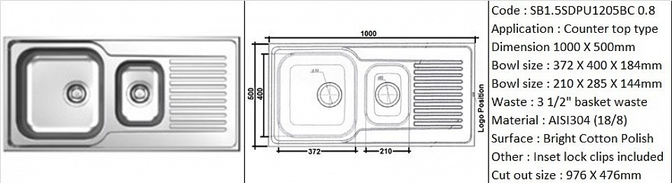 SB1.5SDPU1205BC / Designer's 1 1/2 bowl sink with drainer (Reversible faucet slot space) / Counter top application / AISI304 (18/8) / 3 1/2