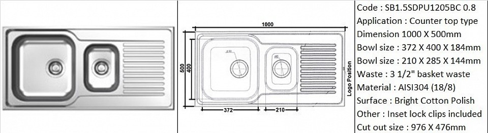 🇹ðŸ‡*PREORDER 60 DAYS REQUIRED*🇹🇠SB1.5SDPU1205BC / Designer's 1 1/2 bowl sink with drainer (Reversible faucet slot space) / Counter top application / AISI304 (18/8) / 3 1/2