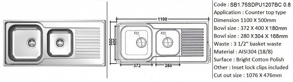 SB1.75SDPU1207BC / Designer's 1 3/4 bowl sink with drainer (Reversible faucet slot space) / Counter top application / AISI304 (18/8) / 3 1/2