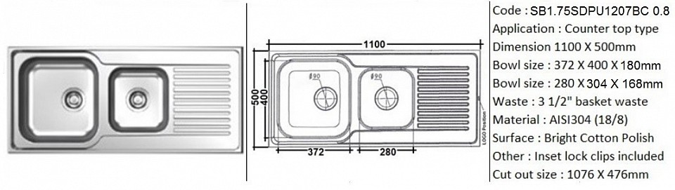 🇹ðŸ‡*PREORDER 60 DAYS REQUIRED*🇹🇠SB1.75SDPU1207BC / Designer's 1 3/4 bowl sink with drainer (Reversible faucet slot space) / Counter top application / AISI304 (18/8) / 3 1/2