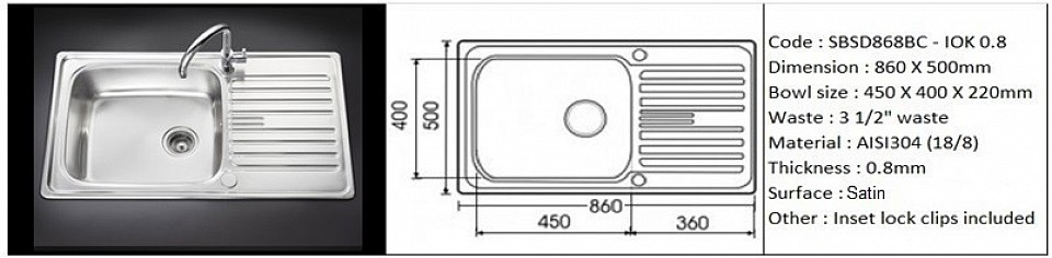 🇹ðŸ‡*PREORDER 60 dAYS REQUIRED*🇹🇠SBSD868BC-IOK / Inset or counter-top application / Quality SS AISI304 (18/8) / 0.6mm plate thickness / 3 1/2