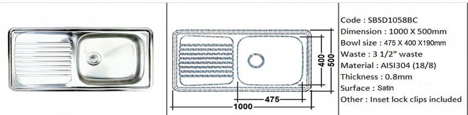 🇹🇭*PREORDER 60 DAYS REQUIRED*🇹🇭 SBSD1058BC / Inset or counter-top application / Quality SS AISI304 (18/8) / 0.8mm plate thickness / 3 1/2