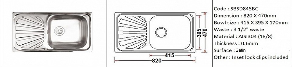 🇲🇾*STOCK AVAILABLE*🇲🇾 SBSD845BC / Inset or counter-top application / Quality SS AISI304 (18/8) / 0.6mm plate thickness / 3 1/2