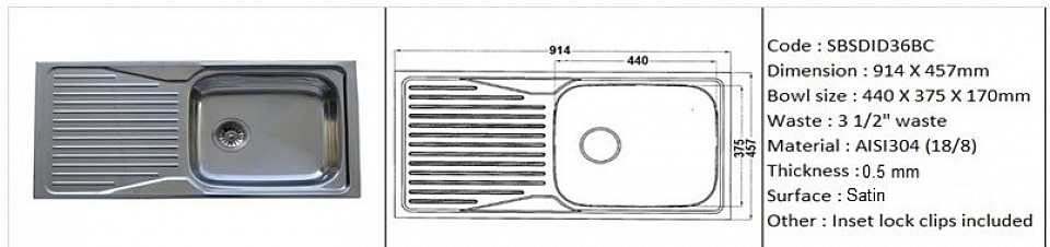 SBSDID36BC / Inset or counter-top application / Quality SS AISI304 (18/8) / 0.5mm plate thickness / 3 1/2