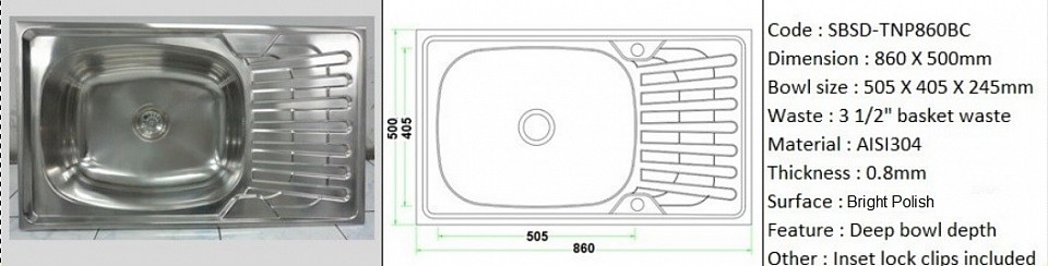 🇹ðŸ‡*PREORDER 60 DAYS REQUIRED*🇹🇠SBSD-TNP860BC / Inset or counter-top application / Featuring deep bowl depth 250mm laundry tub / Quality - AISI304 (18/8) / 0.8mm plate thickness / 3 1/2