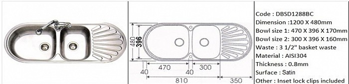 DBSD1288BC / Special oval shape design / Inset or counter-top application / Quality SS AISI304 (18/8) / 0.8mm plate thickness / 3 1/2