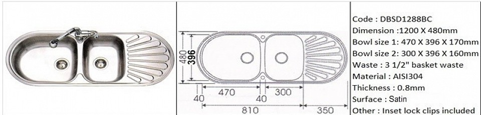 🇹ðŸ‡*PREORDER 60 DAYS REQUIRED*🇹🇠DBSD1288BC / Special oval shape design / Inset or counter-top application / Quality SS AISI304 (18/8) / 0.8mm plate thickness / 3 1/2