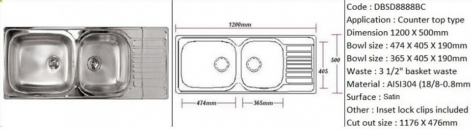 DBSD8888BC / Inset or counter-top application / Quality SS AISI304 (18/8) / 0.8mm plate thickness / 3 1/2