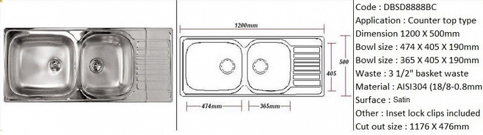 🇹ðŸ‡*PREORDER 60 DAYS REQUIRED*🇹🇠DBSD8888BC / Inset or counter-top application / Quality SS AISI304 (18/8) / 0.8mm plate thickness / 3 1/2