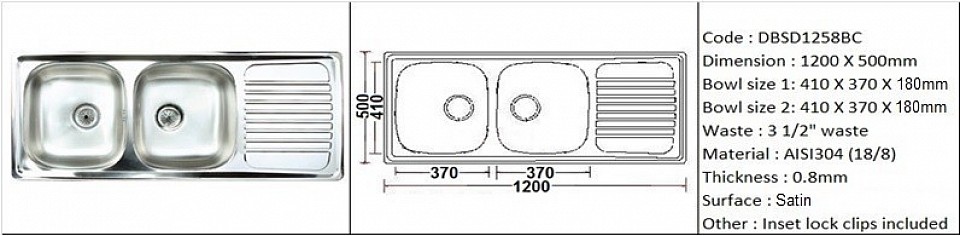 DBSD1258BC / Inset or counter-top application / Quality SS AISI304 (18/8) / 0.8mm plate thickness / 3 1/2