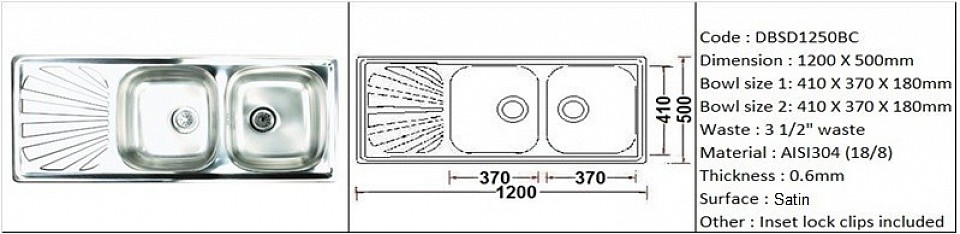 DBSD1250BC / Inset or counter-top application / Quality SS AISI304 (18/8) / 0.6mm plate thickness / 3 1/2