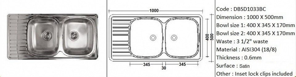 DBSD1033BC / Inset or counter-top application / Quality SS AISI304 (18/8) / 0.6mm plate thickness / 3 1/2