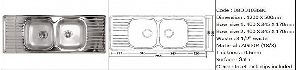 DBDD1036BC / Inset or counter-top application / Quality SS AISI304 (18/8) / 0.6mm plate thickness / 3 1/2