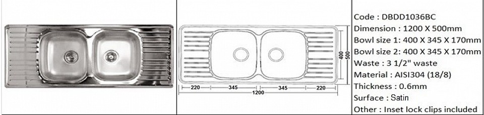 🇹🇭*PREORDER 60 DAYS REQUIRED*🇹🇭 DBDD1036BC / Inset or counter-top application / Quality SS AISI304 (18/8) / 0.6mm plate thickness / 3 1/2