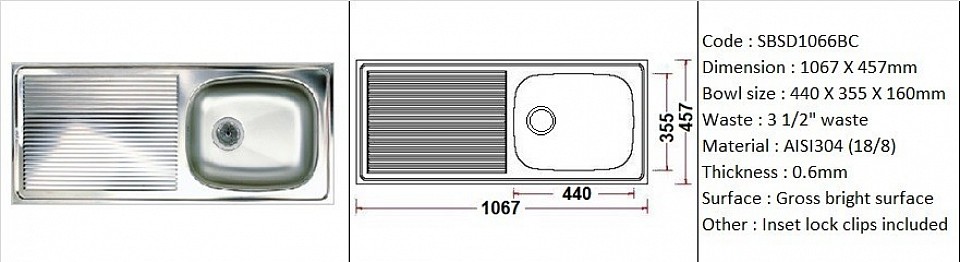 SBSD1066BC / Standard counter-top application / Quality SS AISI304 (18/8) / 0.6mm plate thickness / 3 1/2