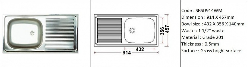 SBSD914WM / Standard wall mount application / SS Grade 201 / 0.5mm plate thickness / 1 1/2