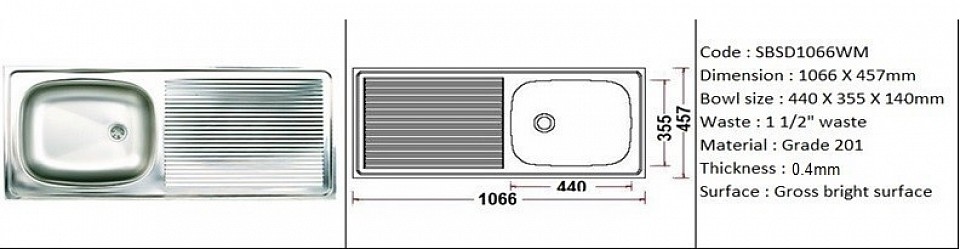 SBSD1066WM (0.4) / Standard wall mount application / SS Grade 201 / 0.4mm plate thickness / 1 1/2