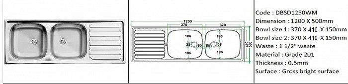 DBSD1250WM / Standard wall mount application / SS Grade 201 / 0.5mm plate thickness / 1 1/2