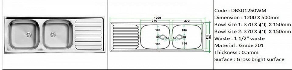 🇲🇾*STOCK AVAILABLE*🇲🇾 DBSD1250WM / Standard wall mount application / SS Grade 201 / 0.5mm plate thickness / 1 1/2
