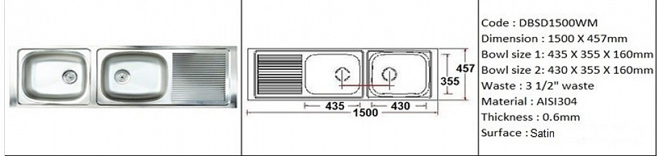 DBSD1500WM / Standard wall mount application / AISI304 (18/8) / 0.6mm plate thickness / 3 1/2