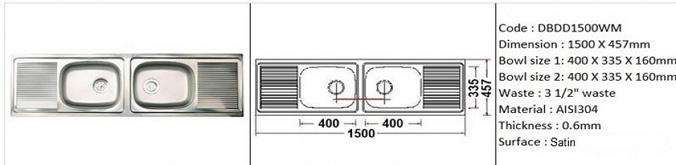 DBDD1500WM / Standard wall mount application / AISI304 (18/8) / 0.6mm plate thickness / 3 1/2