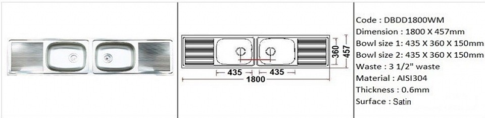 DBDD1800WM / Standard wall mount application / AISI304 (18/8) / 0.6mm plate thickness / 3 1/2