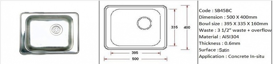 SB45BC Concrete in-situ application / AISI304 (18/8) / 0.6mm plate thickness / 3 1/2