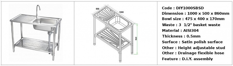 DIY1000SBSD / Feature mobile & easy do-it-yourself assembly / AISI304 (18/8) / 3 1/2