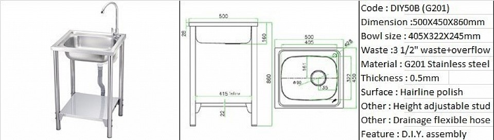 DIY50B / Feature economical mobile & easy do-it-yourself assembly / Stainless steel Grade 201 / 3 1/2