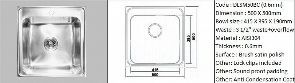 🇹ðŸ‡*PREORDER 60 DAYS REQUIRED*🇹🇠DLSM50BC (SB) 0.6mm / Deep single bowl with faucet rest / Counter top application / Genuine AISI304 (18/8) stainless steel material quality / 0.6mm plate thickness / Bowl depth 190mm / 3 1/2