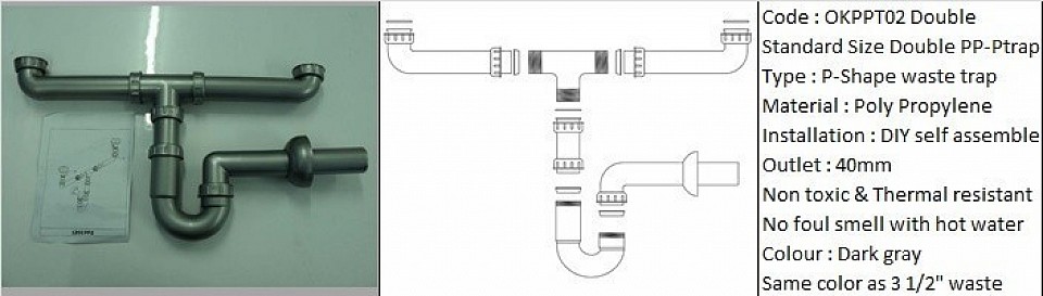 OKPPT02 Double PP-Ptrap with outlet pipe 40mm / Quality PolyPropylene all components (non foul smell with hot water) / Non toxic / Food safe / Specially made for easy fully self assembly (D.I.Y.) / Produced for long lasting usage