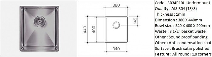 SB34R10U Undermount Sink / 10 degree radius corners - designer's hand made design / Under-mount application / AISI304 (18/8) / 1.0 mm plate thickness / 3 1/2
