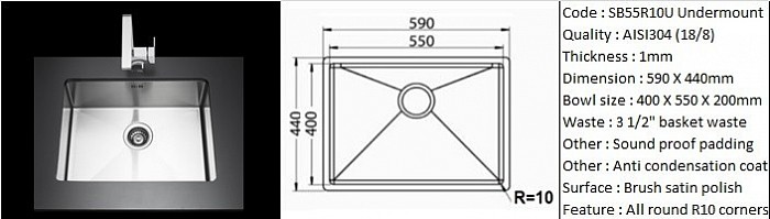 SB55R10U Undermount sink / 10 degree radius corners - designer's hand made design / Under-mount application / AISI304 (18/8) / 1.0 mm plate thickness / 3 1/2