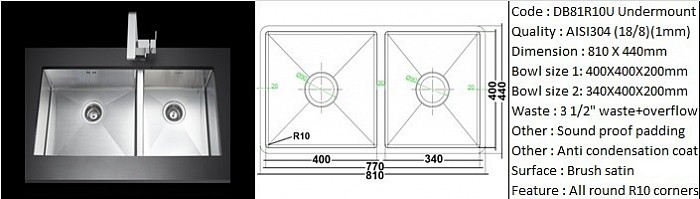 DB81R10U Undermount / 10 degree radius corners - designer's hand made design / Under-mount application / AISI304 (18/8) / 1.0 mm plate thickness / 3 1/2