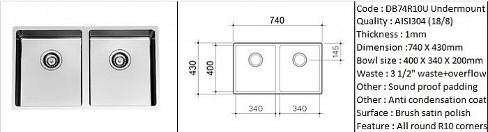 DB74R10U Undermount sink / 10 degree radius corners - designer's hand made design / Under-mount application / AISI304 (18/8) / 1.0 mm plate thickness / 3 1/2