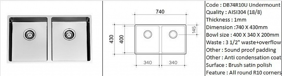 DB74R10U Undermount sink / 10 degree radius corners - designer's hand made design / Under-mount application / AISI304 (18/8) / 1.0 mm plate thickness / 3 1/2