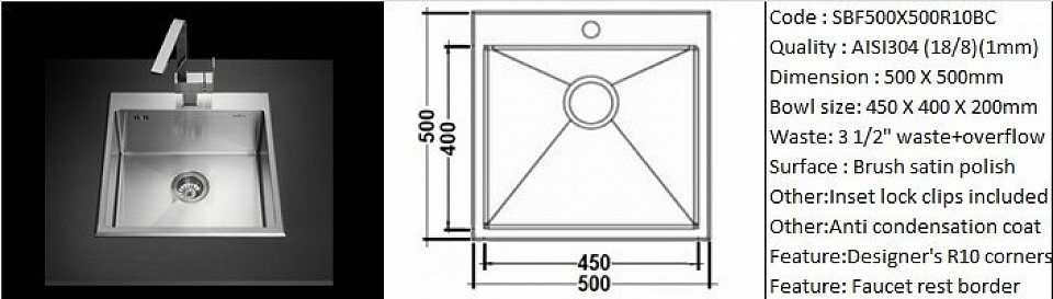 🇲🇾*STOCK AVAILABLE*🇲🇾 SBF500X500R10BC / R10 radius designer's hand made design feature faucet border / Countertop application / AISI304 (18/8) / 1.0 mm plate thickness / 3 1/2