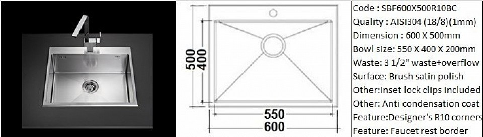🇹ðŸ‡*PREORDER 60 DAYS REQUIRED*🇹🇠SBF600X500R10BC / R10 radius designer's hand made design feature faucet border/ Countertop application / AISI304 (18/8) / 1.0 mm plate thickness / 3 1/2