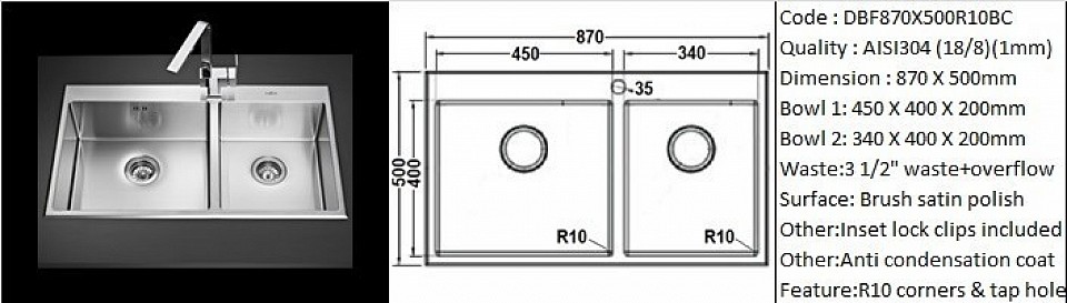 DBF870X500R10BC / R10 radius designer's hand made design feature faucet border / Countertop application / AISI304 (18/8) / 1.0 mm plate thickness / 3 1/2