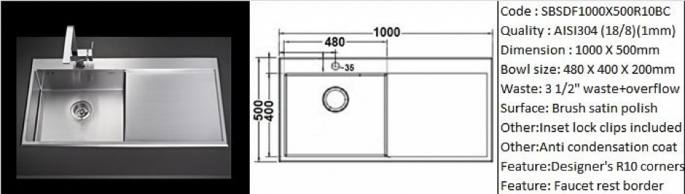 🇲🇾*STOCK AVAILABLE*🇲🇾 SBSDF1000X500R10BC / R10 radius designer's hand made design feature faucet border/ Countertop application / AISI304 (18/8) / 1.0 mm plate thickness / 3 1/2