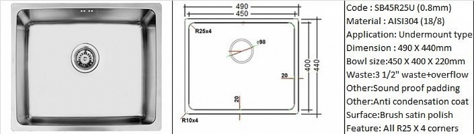 🇲🇾*STOCK AVAILABLE*🇲🇾 SB45R25U / 25 degrees radius corners - designer's sink / Under-mount application / AISI304 (18/8) / 0.8mm plate thickness / 3 1/2