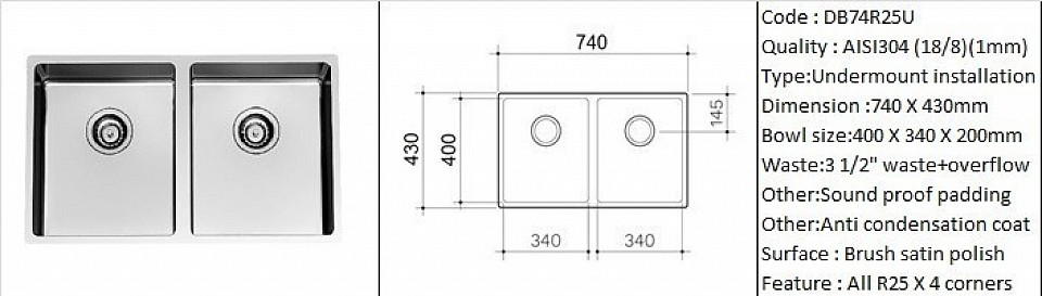 🇹ðŸ‡*PREORDER 60 DAYS REQUIRED*🇹🇠DB74R25U / 25 degree radius corners / Under-mount application / AISI304 (18/8) / 1.0 mm plate thickness / 3 1/2