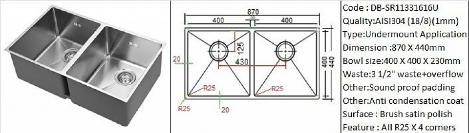 🇲🇾*STOCK AVAILABLE*🇲🇾 DB-SR11331616U / Designer's hand made design 25 degree radius corners / Under-mount application / AISI304 (18/8) / 1.0 mm plate thickness / 3 1/2