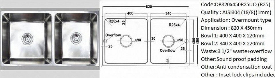 🇹ðŸ‡*PREORDER 60 DAYS REQUIRED*🇹🇠DB820X450R25UO / 25 degree radius bowl corners / Over-mount application - Table lock clips included/ AISI304 (18/8) / 1.0 mm plate thickness / 3 1/2
