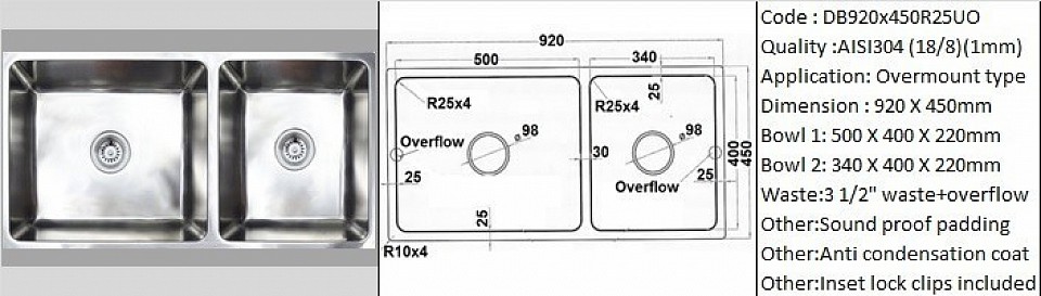 🇲🇾*STOCK AVAILABLE*🇲🇾 DB920X450R25UO / 25 degree radius bowl corners / Over-mount application - Table lock clips included/ AISI304 (18/8) / 1.0 mm plate thickness / 3 1/2